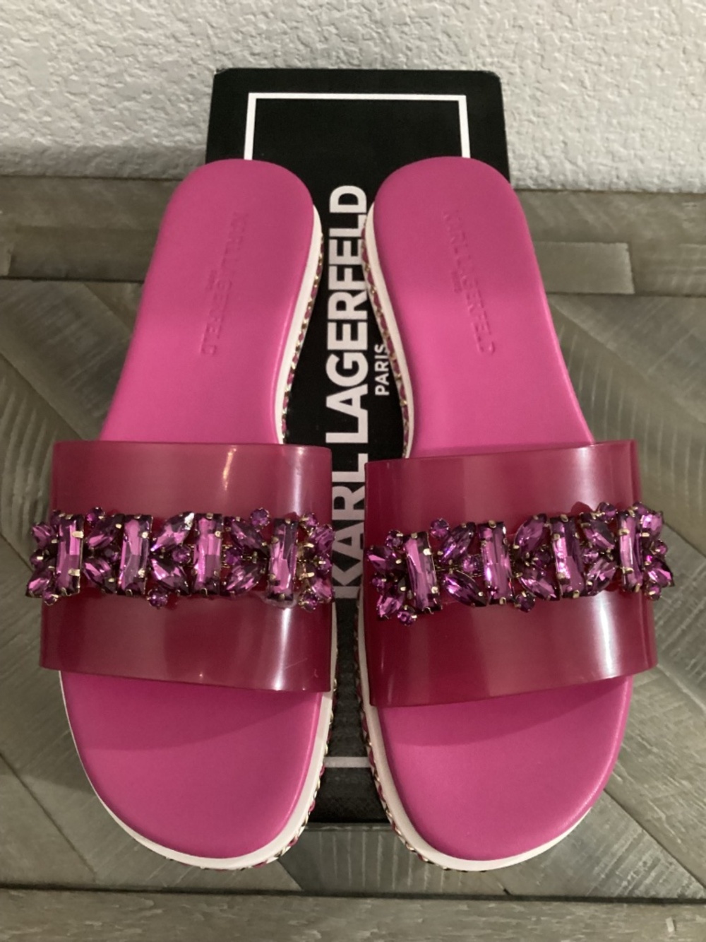 KARL LAGERFELD PARIS Women's Bijou Embellished Slide Sandals - Picture 7 of 16